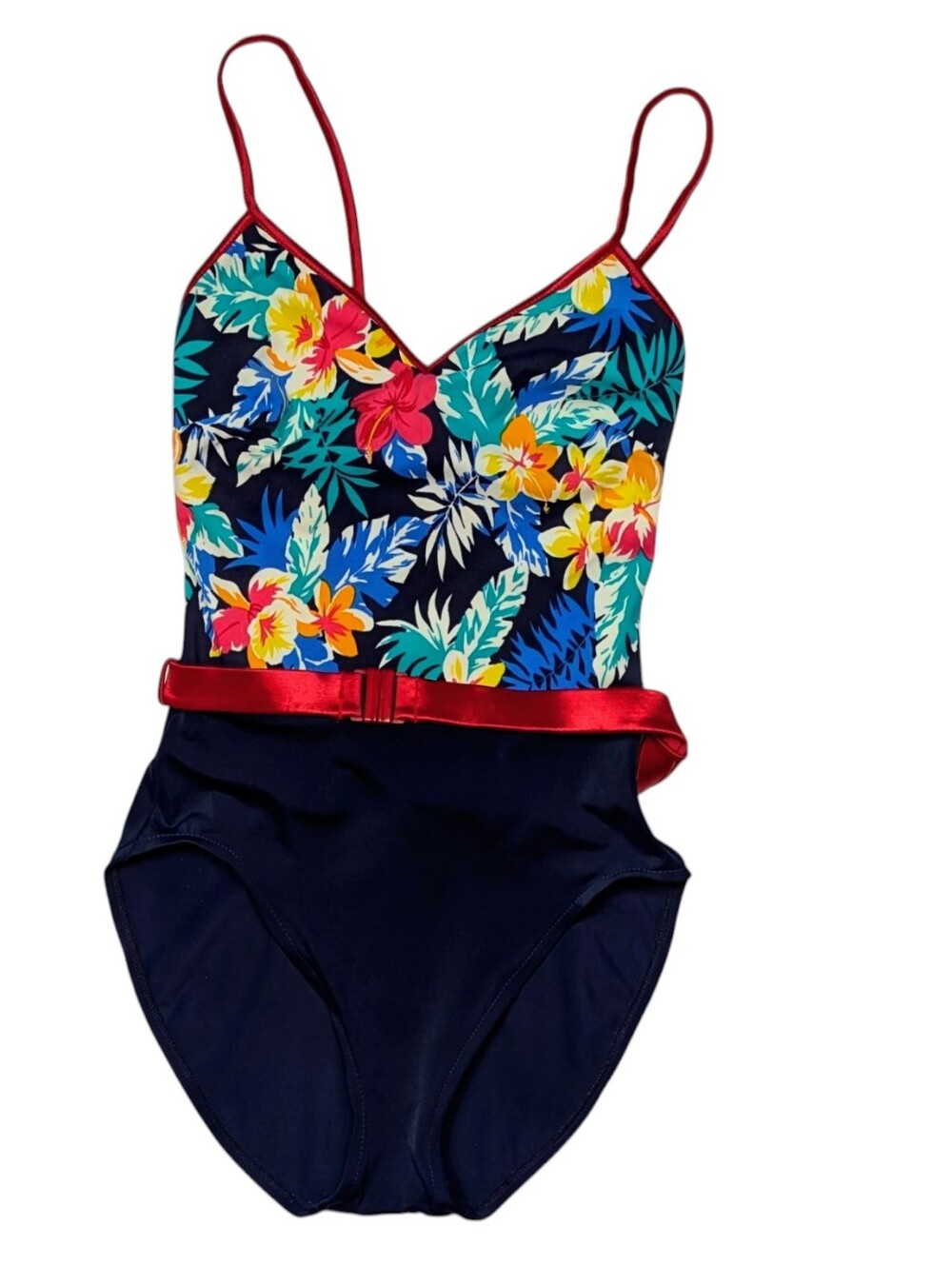 80s Catalina Navy Floral One-Piece Swimsuit with Red Trim and Belt Size 8